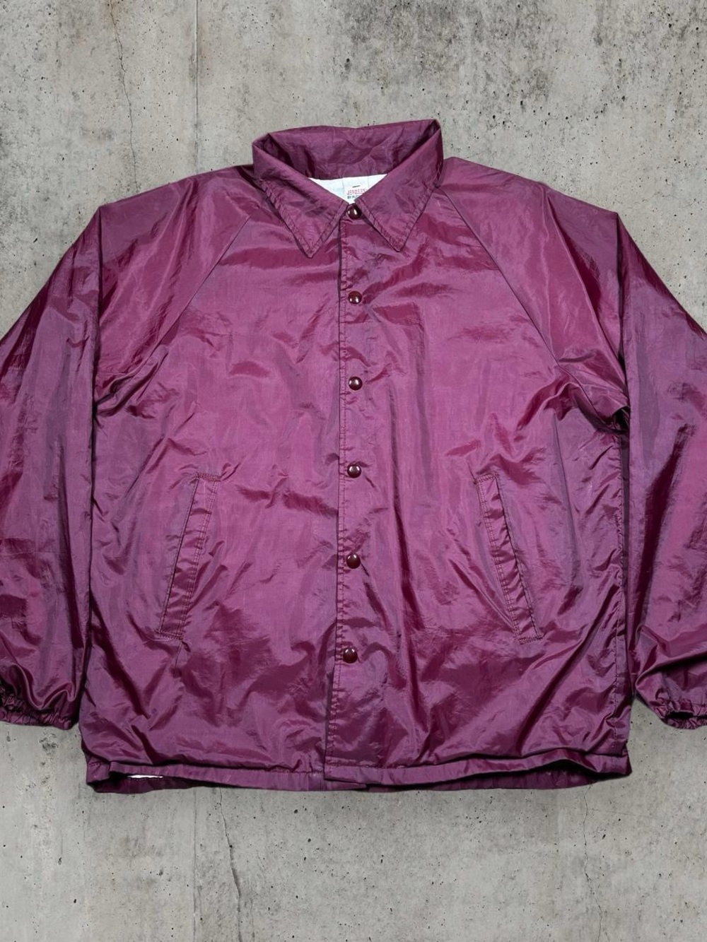 Vintage 80s Jerzees by Russell Burgundy Coach Jacket USA Made Lined Large Snap